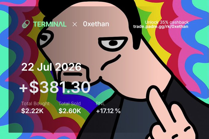 A meme-style image shows a frustrated cartoon face pointing at trading stats dated 22 Jul 2026 with +$381.30 PNL (+17.12%), labeled "TERMINAL × Oxethan," visually emphasizing the poster's mock outrage over their relatively modest memecoin profits.