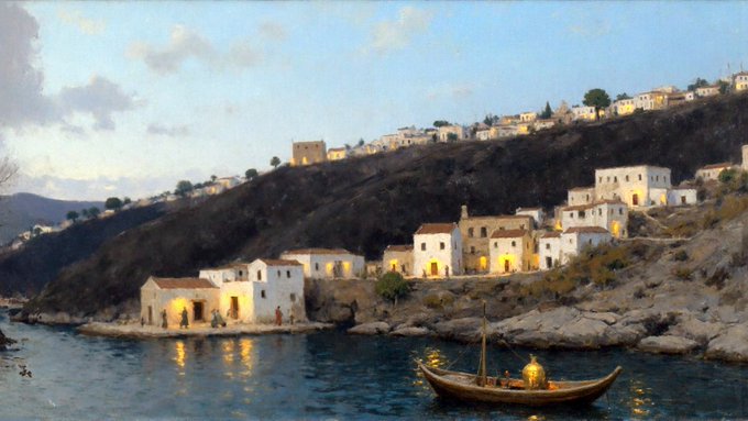 A classical painting depicting a coastal Mediterranean village at dusk with white-washed buildings perched on a rocky cliff, illuminated windows reflecting on the water, and a small rowboat in the foreground.