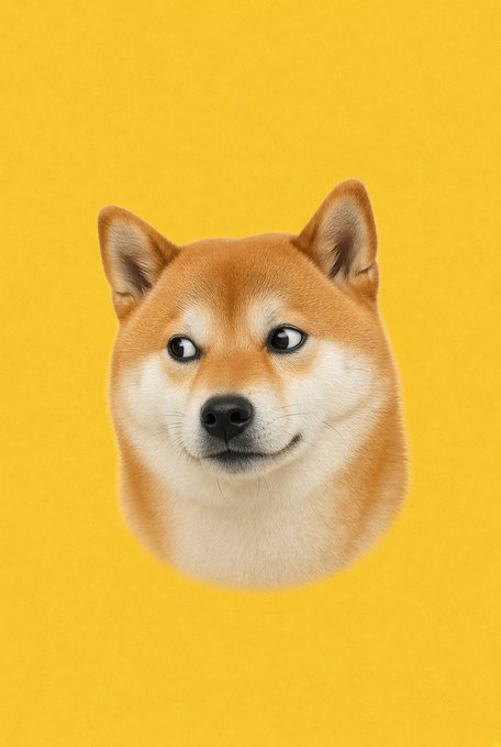 A portrait of a Shiba Inu dog's head against a bright yellow background.