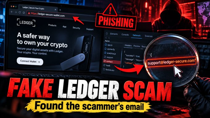 A YouTube thumbnail warns about a "FAKE LEDGER SCAM," showing a phishing website for ledger-secure-wallet.com with a magnifying glass highlighting the email "support@ledger-secure.com" and the text "Found the scammer's email."