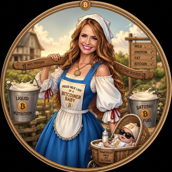 A circular illustration of a smiling 'Proud Milk Lady of a Bitcoiner Baby' holding milk buckets labeled 'LIQUID NUTRITION' and 'SATOSHI FUEL,' with a checklist noting 'MILK ✓ PROTEIN ✓ FAT ✓ BITCOIN ✓'.