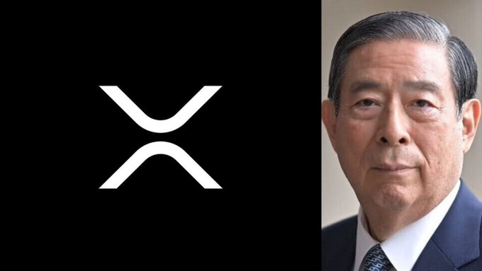 The image shows the XRP logo alongside a photo of SBI Holdings CEO Yoshitaka Kitao, visually tying the executive to his comments about XRP's potential to streamline global cross-border payments.