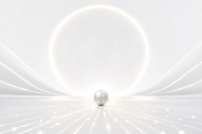 The image features a silver ball sitting in the center, surrounded by white lines and rays extending outwards from its core. The background is a light beige color with a circular pattern that resembles a map of the world. The caption reads "A $6-8T crypto market changes the math. Scarce assets don't need much of that capital to revisit old highs. Or create entirely new ones." This image seems to be promoting or discussing the concept of cryptocurrency, specifically Bitcoin, and its potential for growth in a changing financial landscape.