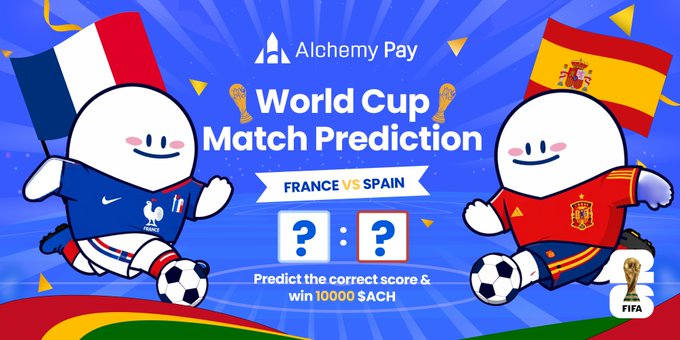 The image is a promotional graphic for Alchemy Pay's World Cup Match Prediction game, featuring cartoon mascots of France and Spain players in their respective national kits alongside their flags, with text promoting a chance to "win 10000 $ACH" by predicting the correct score of the France vs Spain semi-final match. The design complements the post's call to action for followers to guess the exact scoreline and tag friends to participate in the prediction contest.