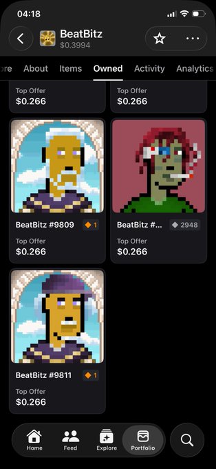Mobile screenshot of a crypto wallet app showing the 'Owned' tab of a BeatBitz collection priced at $0.3994, displaying pixel-art NFT characters like BeatBitz #9809 and #9811 with top offers of $0.266.