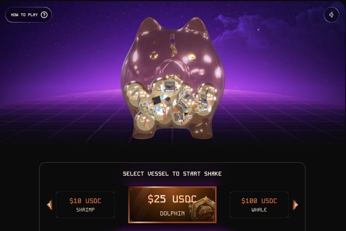 Screenshot of a gamified crypto/betting interface showing a glass dolphin vessel filled with small icons, prompting users to 'SELECT VESSEL TO START SHAKE' with options for $10 Shrimp, $25 Dolphin, and $100 Whale in USDC.