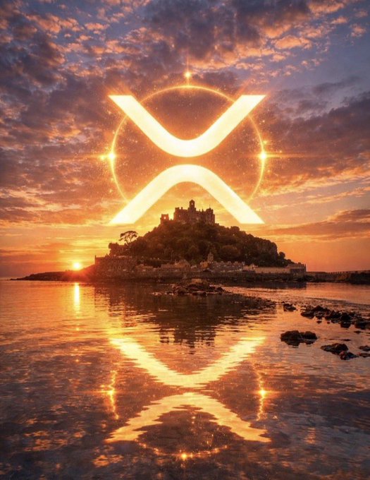 A glowing XRP logo floats dramatically above a castle-topped island at sunset, its shimmering reflection mirrored in the water below to evoke a powerful, prophecy-like surge toward $8. The image visually reinforces the post's bold "Booommmmm XRP 8 DOLAR" hype, symbolizing the coin's anticipated meteoric rise.