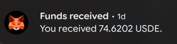 A notification from MetaMask displays "Funds received · 1d: You received 74.6202 USDE," indicating a mysterious transfer of 74.6202 USDE tokens that arrived via a multicall3 batch distribution with no identifiable source.