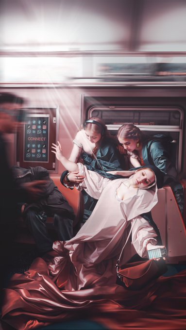 A surreal, cyberpunk-style image shows a woman in a flowing white dress appearing to faint or float while being supported by others inside a futuristic train carriage with a screen reading 'CONNECT'.