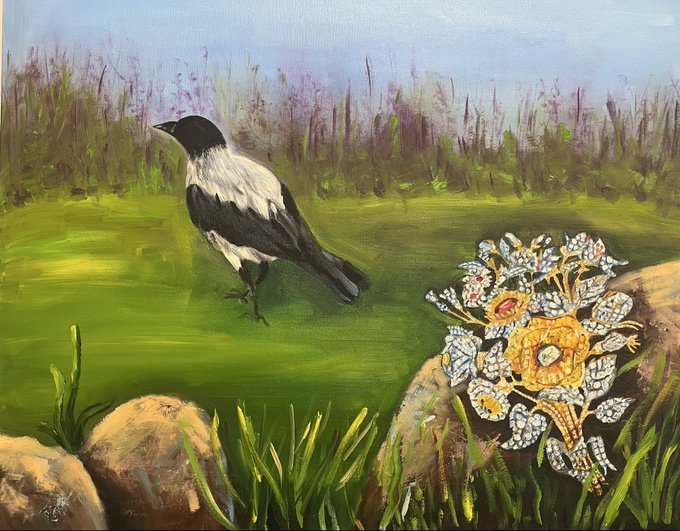 A painted artwork depicting a black and white magpie standing in green grass near a decorative jeweled brooch-style floral bouquet resting on rocks.