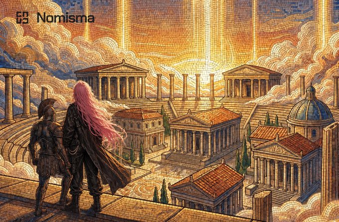 The image features two people standing next to each other at the top of a building with a mosaic design depicting a cityscape below them. The sky above them has clouds, suggesting an overcast day or possibly a stormy night. The text "Nomisen" is visible in the image, which could be related to the post about the Nomisena network.