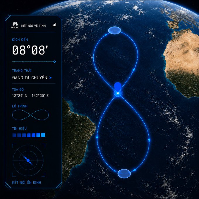 A futuristic HUD interface displayed over a satellite view of Earth showing a figure-8 orbital trajectory, with Vietnamese text including 'KẾT NỐI VỆ TINH', 'ĐÍCH ĐẾN 08°08'', and 'ĐANG DI CHUYỂN' alongside coordinates 12°24' N, 142°35' E.