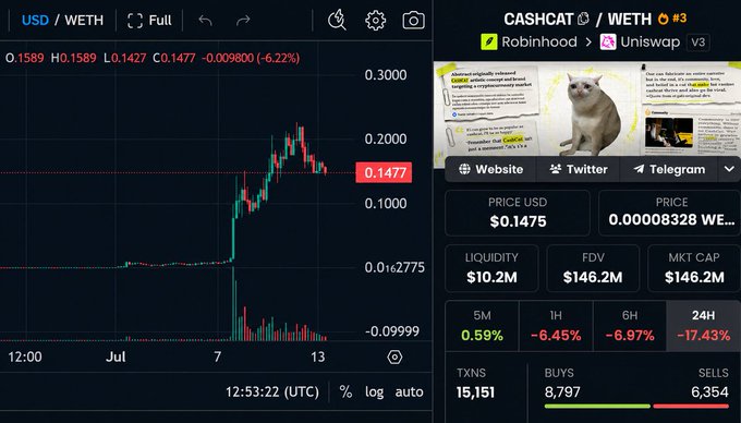 A split screen showing a USD/WETH trading chart on DexScreener with a -6.22% price change on the left, and a 'CASHCAT' token page with a cat meme image, a $0.1475 price, and a $146.2M market cap on the right.