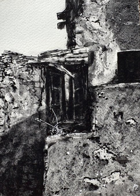 Black and white ink illustration or painting depicting a weathered stone building or ruin with a small dark doorway, textured walls, and scattered debris in a stark artistic style.