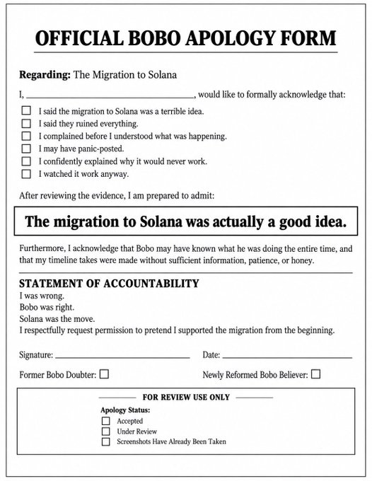 The image is an "OFFICIAL BOBO APOLOGY FORM" regarding "The Migration to Solana," featuring humorous checkboxes for confessing past skepticism such as "I said the migration to Solana was a terrible idea," "I may have panic-posted," and "I confidently explained why it would never work," followed by a forced admission that "The migration to Solana was actually a good idea" and a "STATEMENT OF ACCOUNTABILITY" declaring "I was wrong. Bobo was right. Solana was the move." The meme humorously depicts the crypto community's tendency to reverse their stances after an event plays out well, which loosely parallels the post announcing that Pepe pairs are now live on Pumpfun via Sunrise—a new development that early skeptics may eventually need to apologize for after seeing its success.