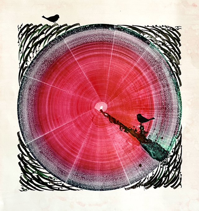 An artistic print showing a cross-section of a tree trunk with concentric rings in red and dark hues, featuring two small black bird silhouettes perched on its edges.