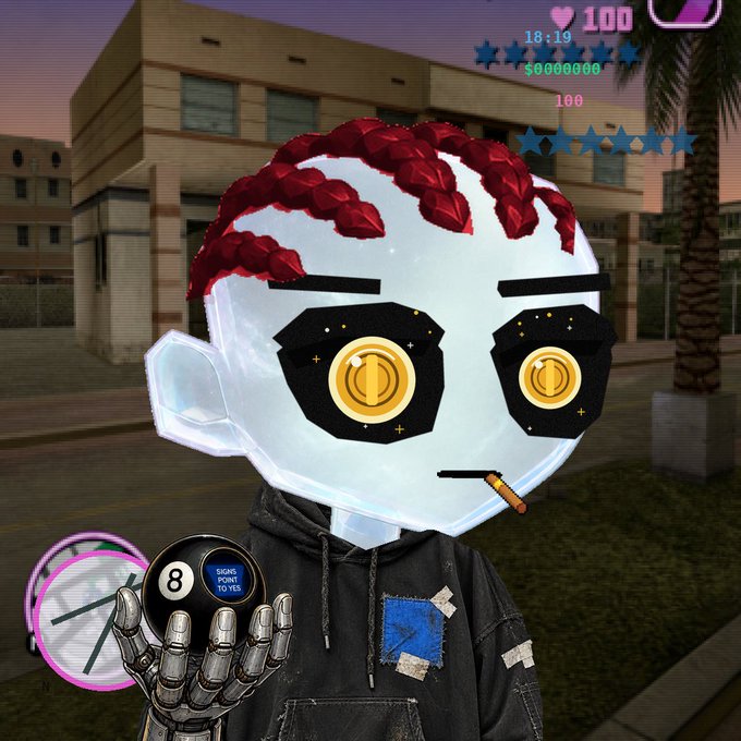 A stylized image of a character with a large white cartoon head featuring braided red hair, yellow button-like eyes, and a cigarette in its mouth, wearing a black hoodie and holding an 8-ball, set against a video game-style urban backdrop with HUD elements including '100' hearts and stars.