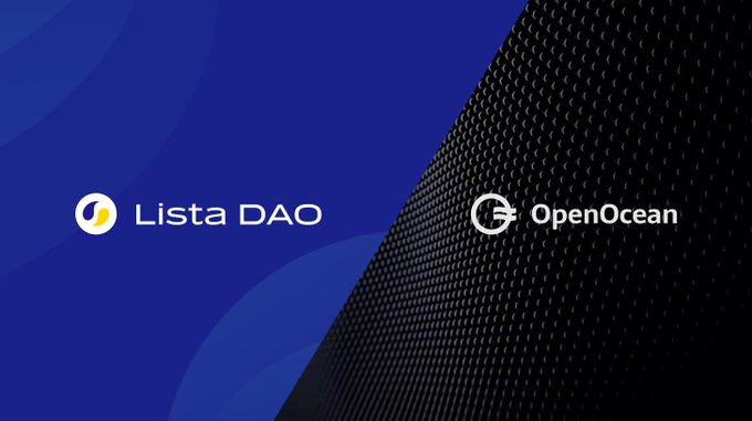 A partnership announcement graphic featuring the Lista DAO and OpenOcean logos on a split blue and black background.
