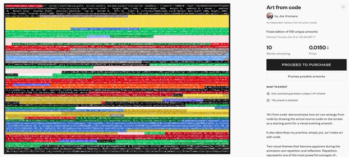 An NFT listing on a marketplace titled 'Art from code' by Jos Vromans, a fixed edition of 100 artworks priced at 0.0150 ETH, with description about creating art from source code.