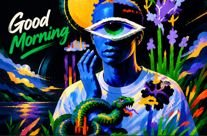 Vibrant digital artwork with 'Good Morning' text, depicting a blue-skinned figure with an eye in place of a head holding a green snake, surrounded by colorful flowers and a sunset landscape.
