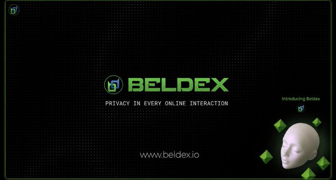 Beldex promotional graphic featuring the green Beldex logo on a black background with the tagline 'PRIVACY IN EVERY ONLINE INTERACTION' and a white sculpted face surrounded by green gem shapes.