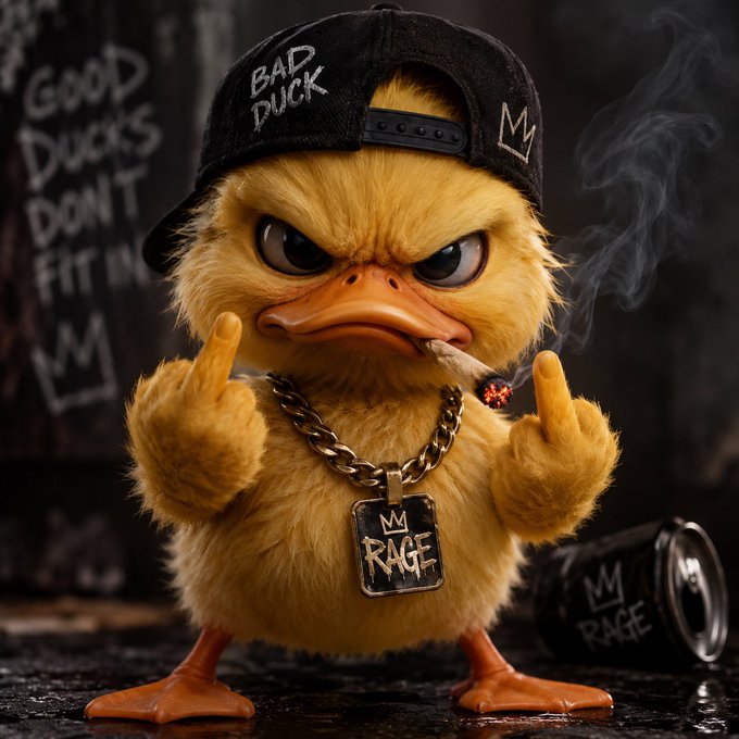 An AI-generated image of an angry yellow duckling wearing a 'BAD DUCK' cap and a gold chain with an 'M RAGE' pendant, smoking a cigar and giving the middle finger.