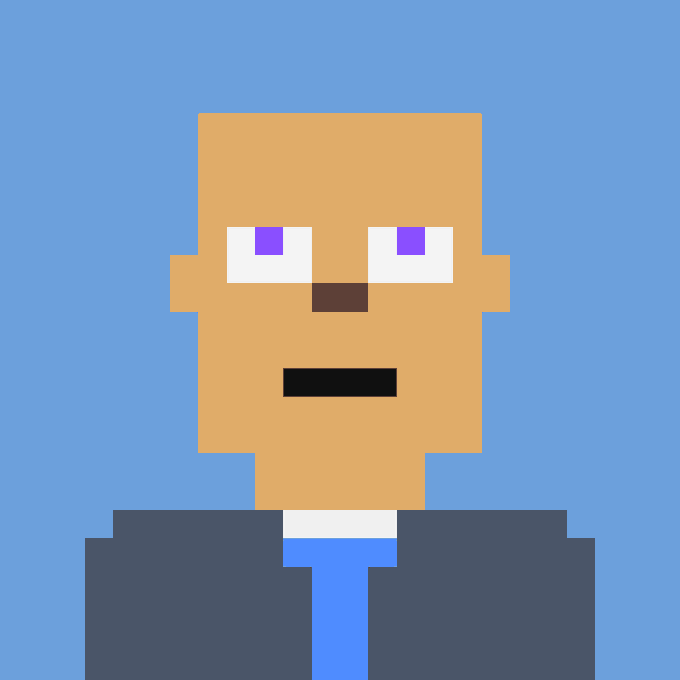 A low-resolution pixel art avatar of a person with tan skin, purple eyes, and a blue tie against a solid light blue background.