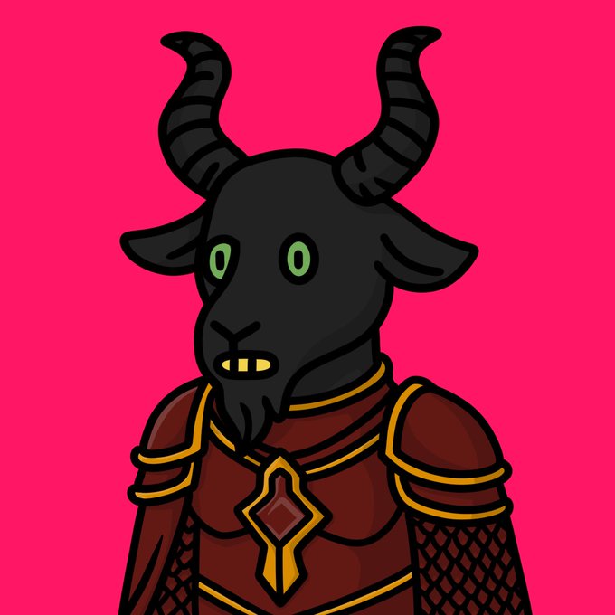 A cartoon illustration of a black goat-like creature with green eyes and curved horns wearing brown and gold armor against a bright pink background.