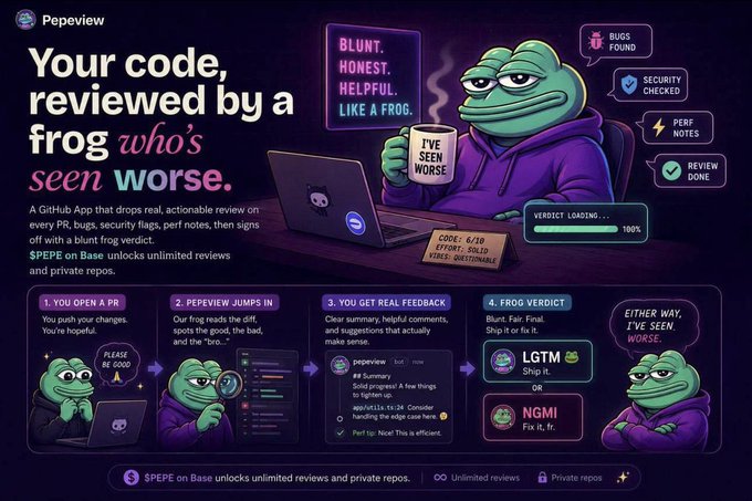 The image features a cartoon frog sitting at a desk with a laptop computer. The frog appears to be reviewing someone's PRs, which could be an email or a message from a client. The frog has a cup of coffee in its hand and is wearing a purple hoodie. The background of the image is dark blue, creating a contrast with the cartoon frog. There are several text elements on the image that provide information about the review process: "Your code by a frog who's seen worse", "a comic strip of a frog reviewing PRs like a senior engineer", and "focus on what is in the image and how it relates to the post".