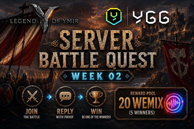 A promotional graphic for "Legend of Ymir" by YGG announces the "Server Battle Quest - Week 02," featuring Viking imagery with warriors, longships, and axes, inviting players to join, reply with proof, and win for a chance at a reward pool of 20 WEMIX split among 5 winners.