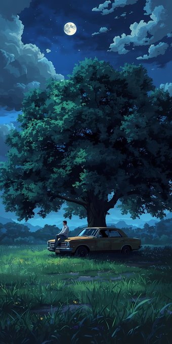 An anime-style illustration of a person sitting on a yellow vintage car under a large tree at night, with a full moon in the cloudy sky.