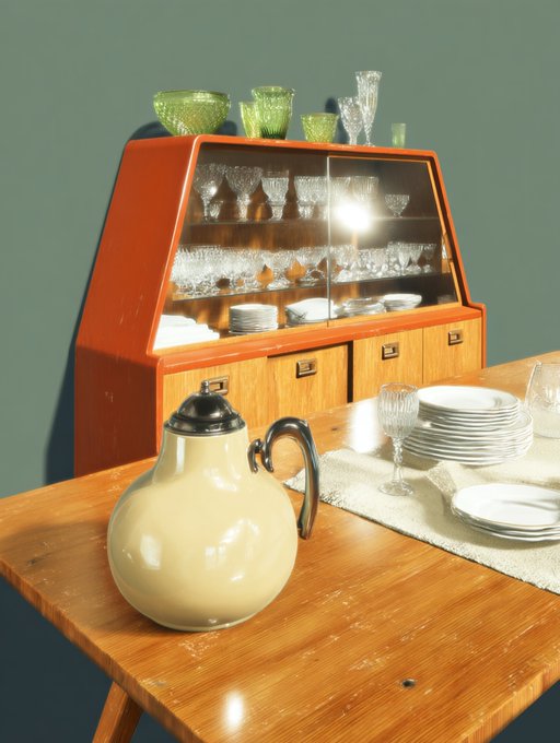 A still life scene featuring a cream-colored ceramic pitcher on a wooden table in the foreground, with an orange vintage-style cabinet displaying green and clear glassware, and a stack of white plates in the background.
