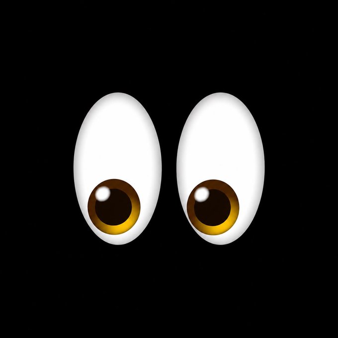 A minimalist digital illustration of two large cartoon eyes with brown irises on a black background.