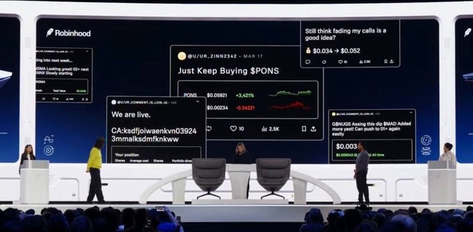A presentation stage with the Robinhood logo and screens displaying various social media posts, including references to '$PONS' stock and '3mraiksdmfknkww'.