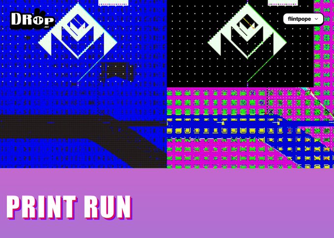 A vibrant pixel-art graphic titled 'PRINT RUN' by 'DRop,' featuring a stylized 'M' logo repeated across blue, black, and pink patterned backgrounds.
