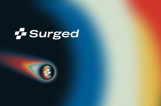 A promotional graphic for 'Surged' featuring a glowing comet-like sphere with a logo, set against a vibrant gradient background of dark blue, orange, and red.