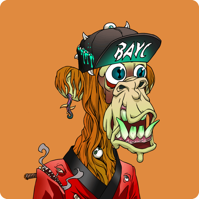 An illustration of a Bored Ape Yacht Club (BAYC) NFT character wearing a 'BAYC' cap with a tongue out, on an orange background.