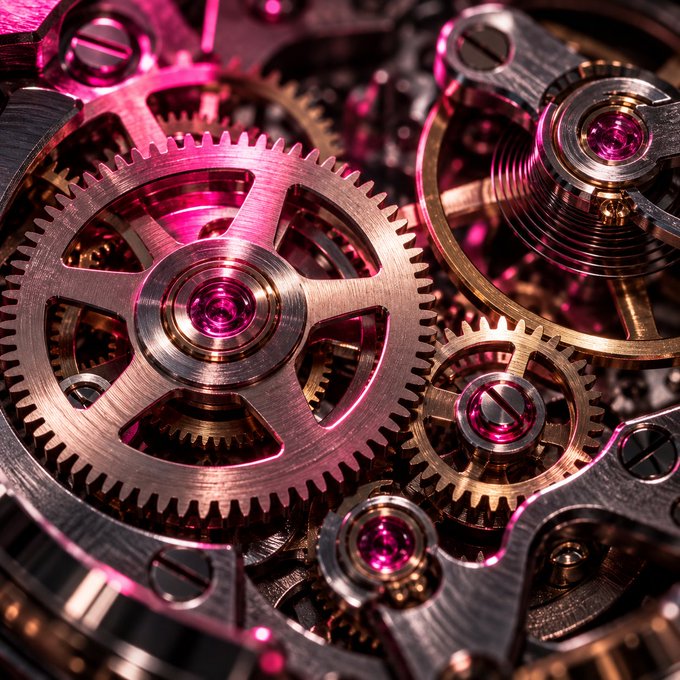 A close-up macro photograph showcases intricate metallic watch gears and mechanisms illuminated with pink and gold lighting.