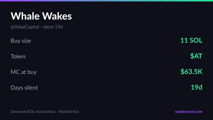 The image has a green background with a white line running across the top. This line divides the image into two columns, each labeled with text written in either purple or black font depending on its alignment. The first column contains information about whale waves in a darker shade of purple. It states that "Whale wakes" is a trading strategy for selling tokens at "11 SOL". The second column shows a screenshot of the cryptocurrency exchange, with the number "63.5K" visible and a price of "$AT" at $19.95, representing the current value of "11 SOL" of token "AT".