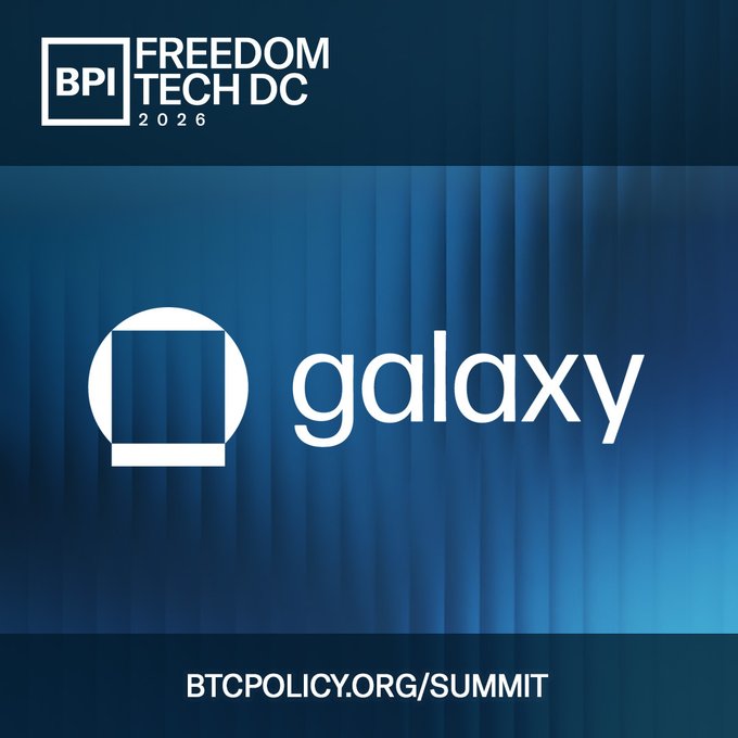 A promotional graphic for 'FREEDOM TECH DC 2026' featuring the 'BPI' logo and a 'galaxy' logo, with the URL 'BTCPOLICY.ORG/SUMMIT' displayed at the bottom.