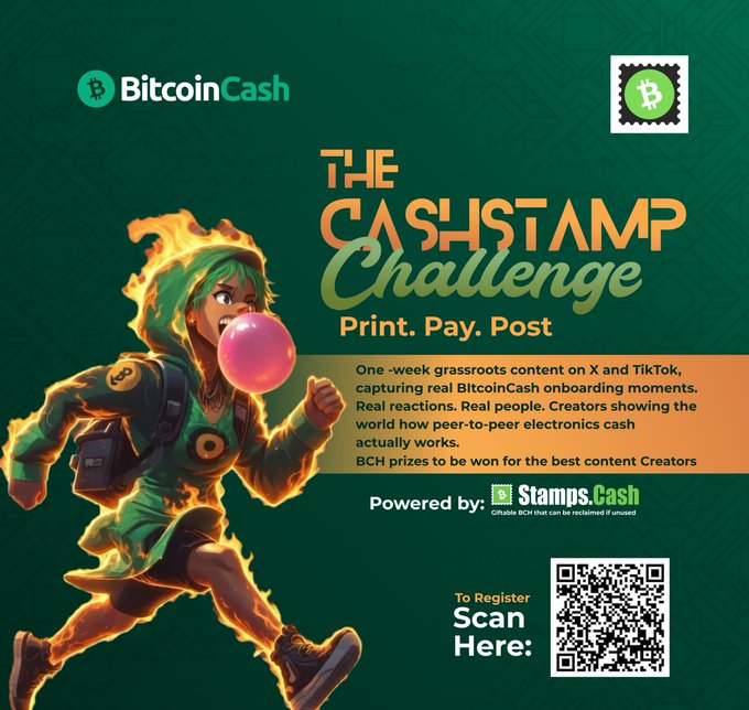 The image features an animated girl running with a pink bubblegum in her mouth, wearing a green hoodie and black pants. The background of the image is green, and there are two texts displayed at the bottom of the image that read "The CashStamp Challenge" and "Focus on what is in the image and how it relates to the post".