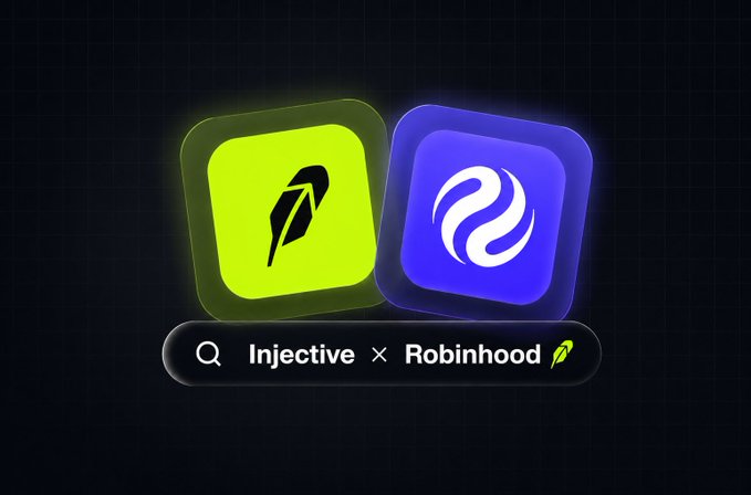 Here are two visible icons, one is lime green with a leaf imprint and the other is a dark blue with a white printed swirl in the middle. Below the icon, the text says "Injective * Robinhood" with a leaf imprint at the end. This description correct corresponds to the accompanying post which states, "Injective x Robinhood."