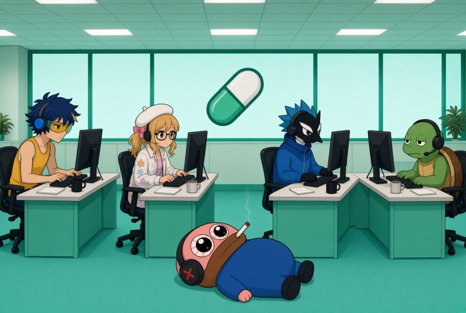 An anime-style illustration depicting various characters at office desks working on computers, including a person in a yellow tank top, a girl with a beret, a penguin-like character, and a turtle, with a collapsed character on the floor and a large pill floating above.