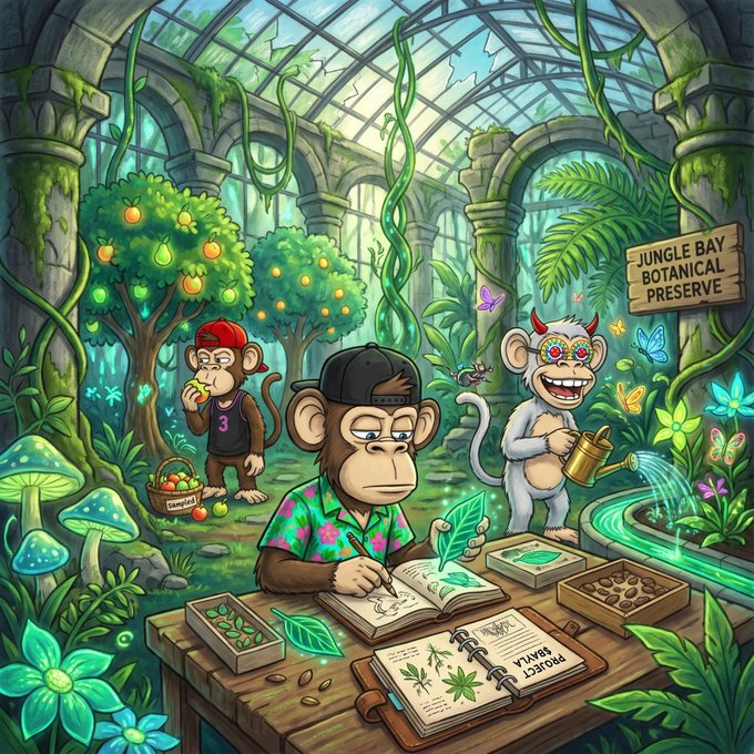 A vibrant cartoon illustration of three monkeys in a lush botanical greenhouse, featuring one studying a plant at a desk labeled "PLANT JOURNAL" with a sign reading "JUNGLE BAY BOTANICAL PRESERVE," playfully tying into the $BAYLA meme token by showcasing jungle-themed "Bay" branding in a fun, meme-worthy scene.