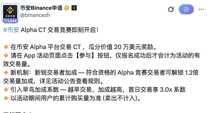 A Chinese-language tweet from '币安Binance华语' (@binancezh) announcing the '#币安 Alpha CT 交易竞赛' (Binance Alpha CT Trading Competition) with a 200,000 USDT prize pool.