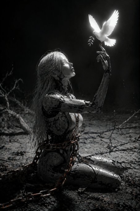 A dark, monochromatic digital artwork depicts a chained, cracked humanoid figure kneeling on barren ground, releasing a glowing white dove from its outstretched hand.