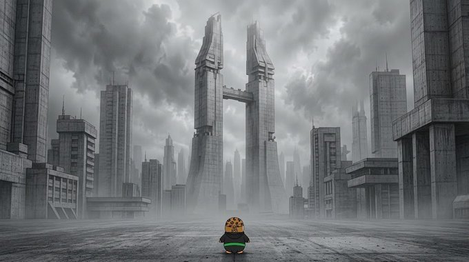 A small character sitting in a desolate, foggy plaza facing massive futuristic skyscrapers under a cloudy sky.