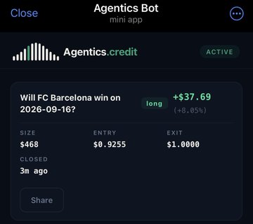 The image shows an Agentics Bot mini app displaying a winning prediction that "Will FC Barcelona win on 2026-09-16?" which settled at $0.9255 for a $468 position, yielding a profit of +$37.69 (+8.05%) on a long position. This corresponds to the post celebrating a successful Barcelona win prediction on the @agenticscredit platform, where the user is now interested in continuing to trade with their ACS and $CREDIT holdings.