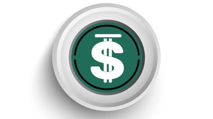 A 3D rendered silver coin or button featuring a green circular center with a white dollar sign ($) symbol.
