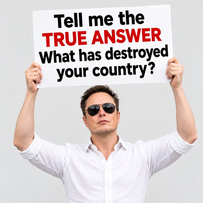 A man in sunglasses and a white shirt holds up a sign reading 'Tell me the TRUE ANSWER What has destroyed your country?'